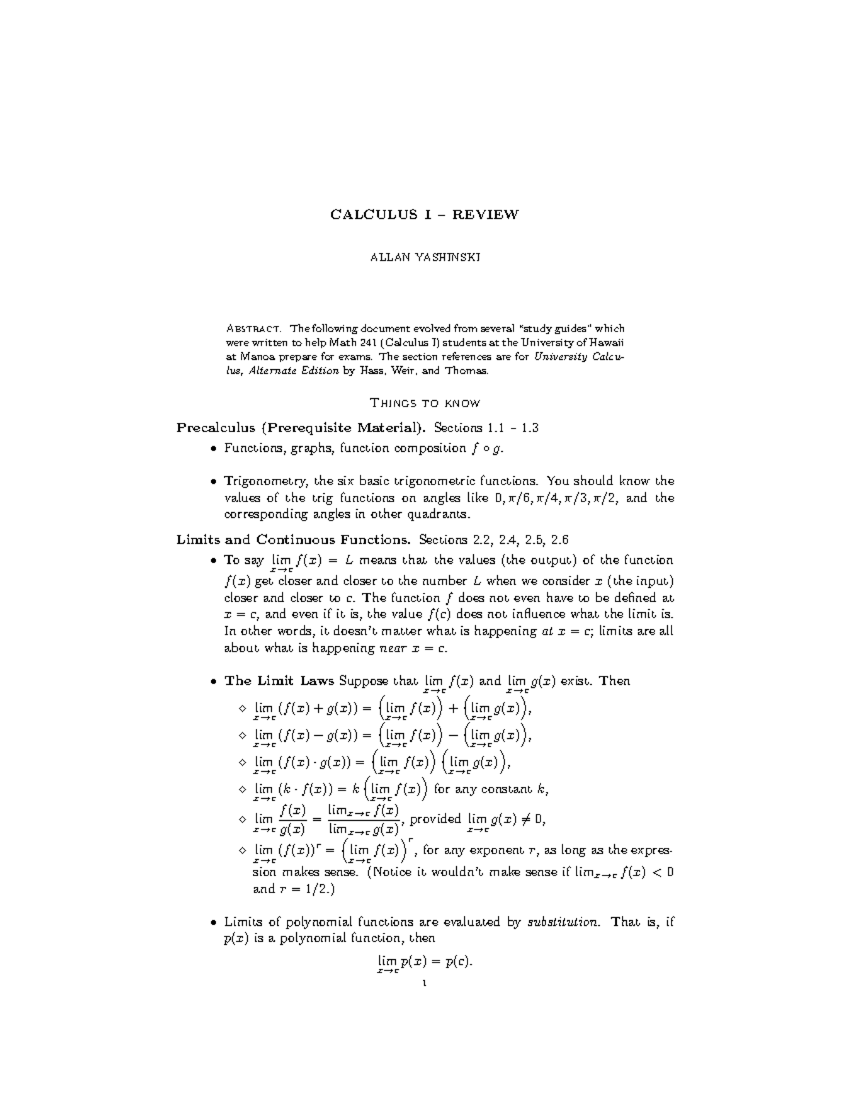 Ultimate Comprehensive Review Sheet - CALCULUS I – REVIEW ALLAN ...