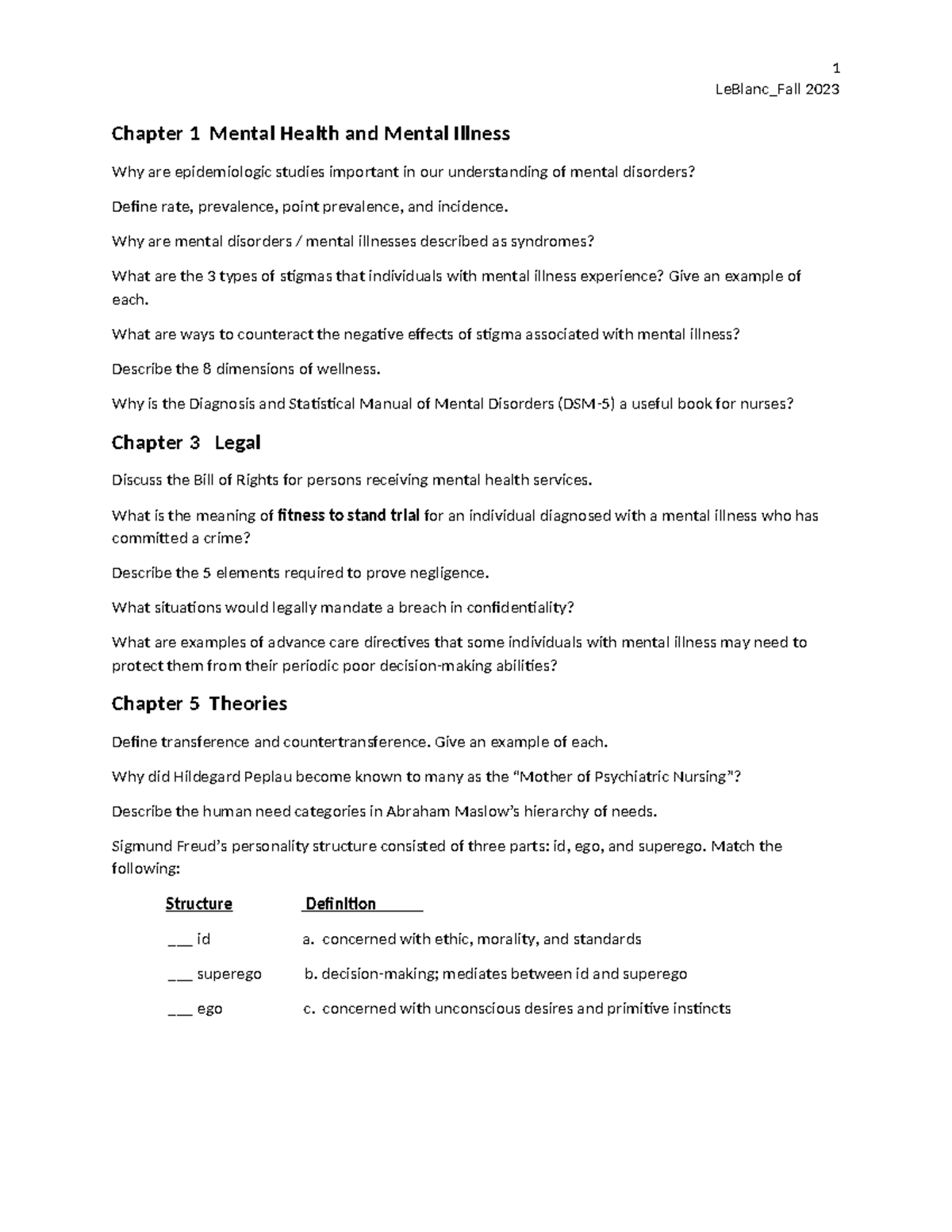 Exam 1 Study Guide - LeBlanc_Fall 2023 Chapter 1 Mental Health and ...
