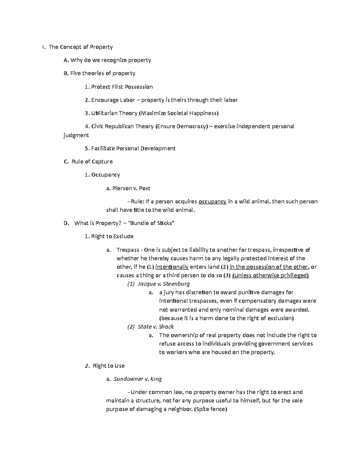 Property Law 1 Outline (Fall Semester) - I. The Concept of Property A ...