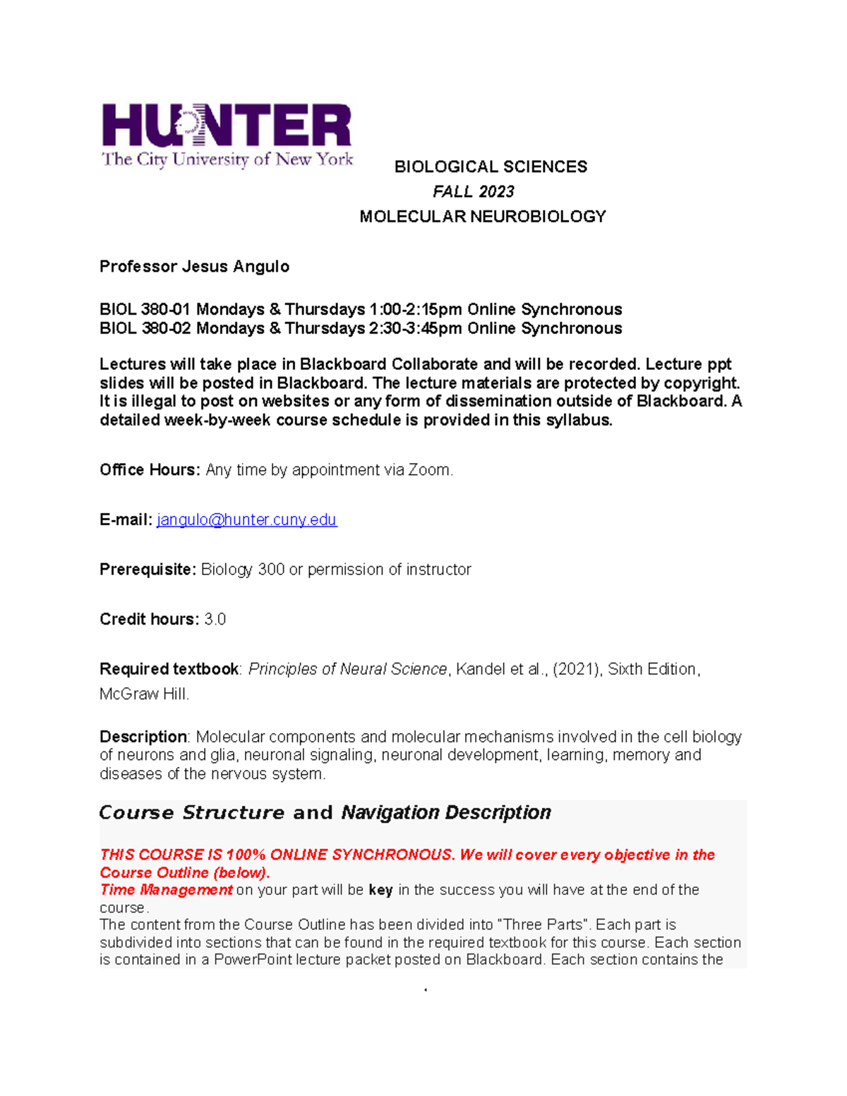 Biol 380 Syllabus 2023 Sects 1&2 - BIOLOGICAL SCIENCES FALL 2023 ...