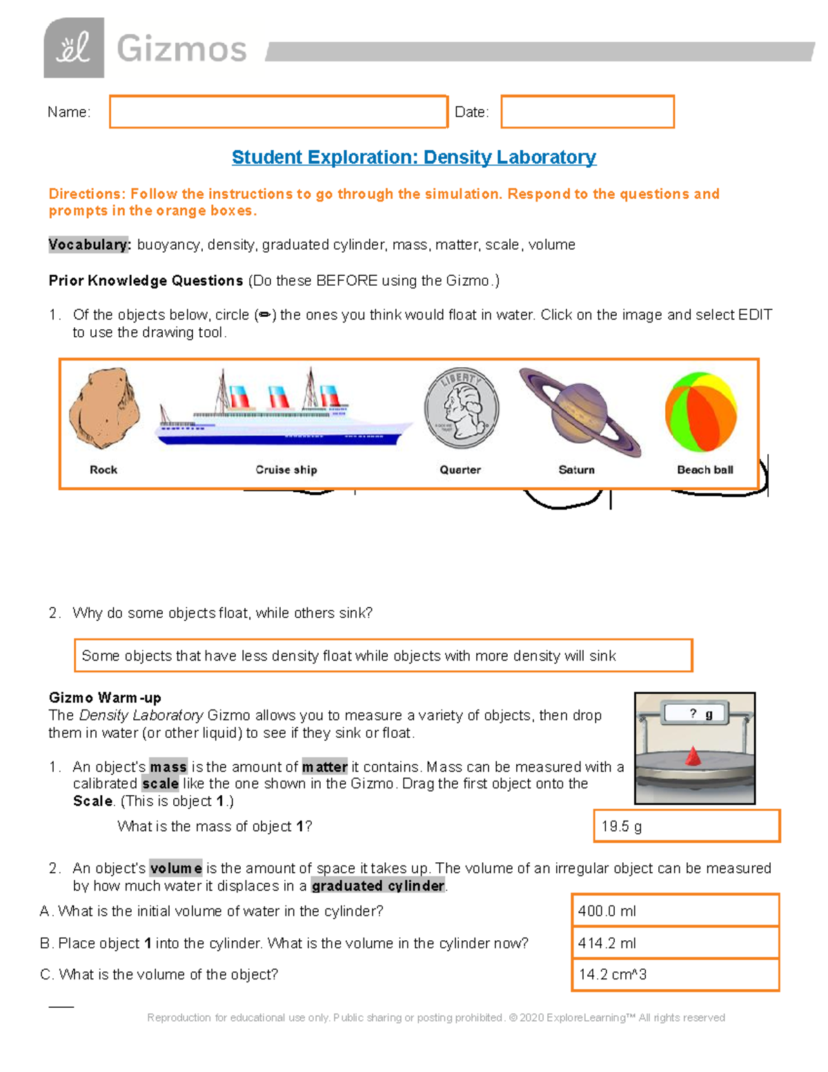 Density Lab Gizmo (edited) Name Date Student Exploration Density Laboratory Directions
