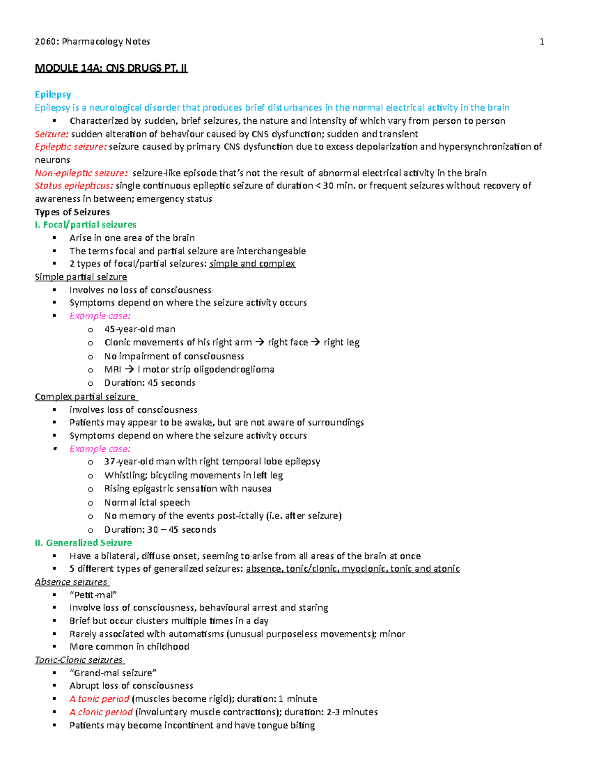 Pharmacology Notes Lecture 14 - 2060: Pharmacology Notes 1 MODULE 14A ...