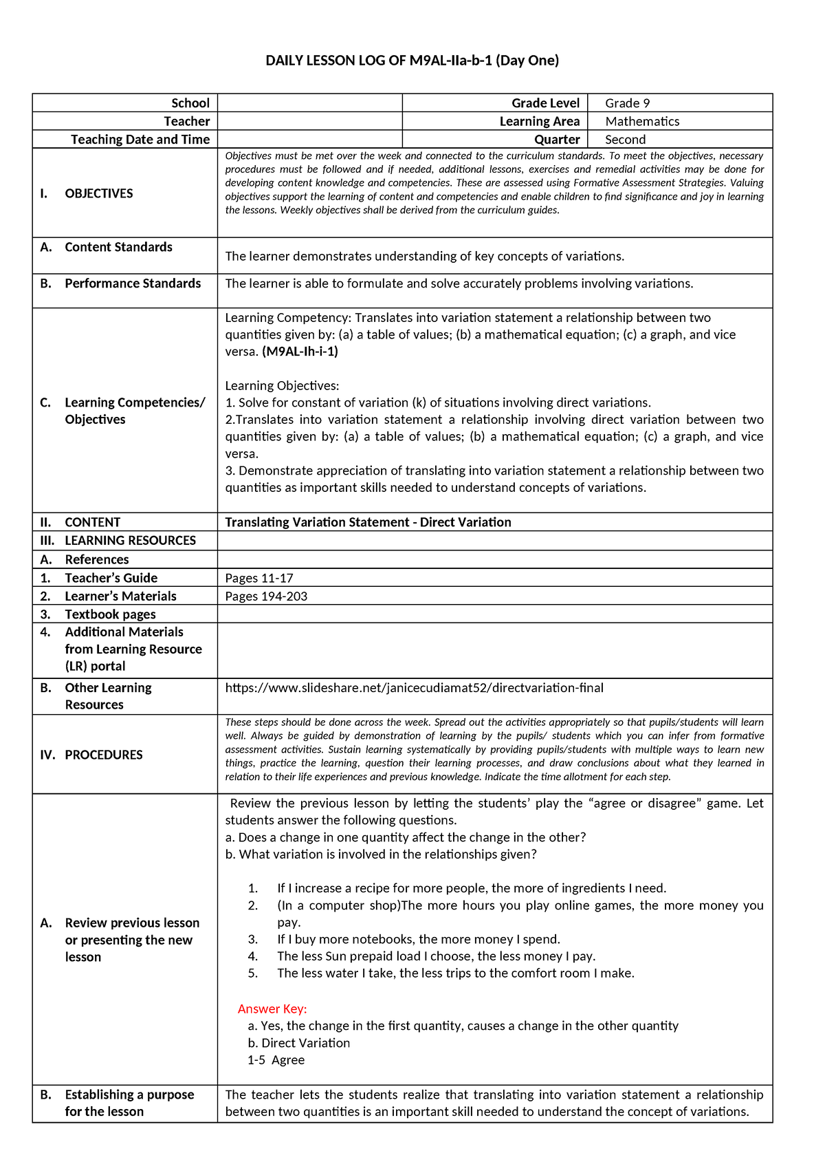 II-Day 3 - GRADE 9 MATH LESSON PLAN - DAILY LESSON LOG OF M9AL-IIa-b-1 ...