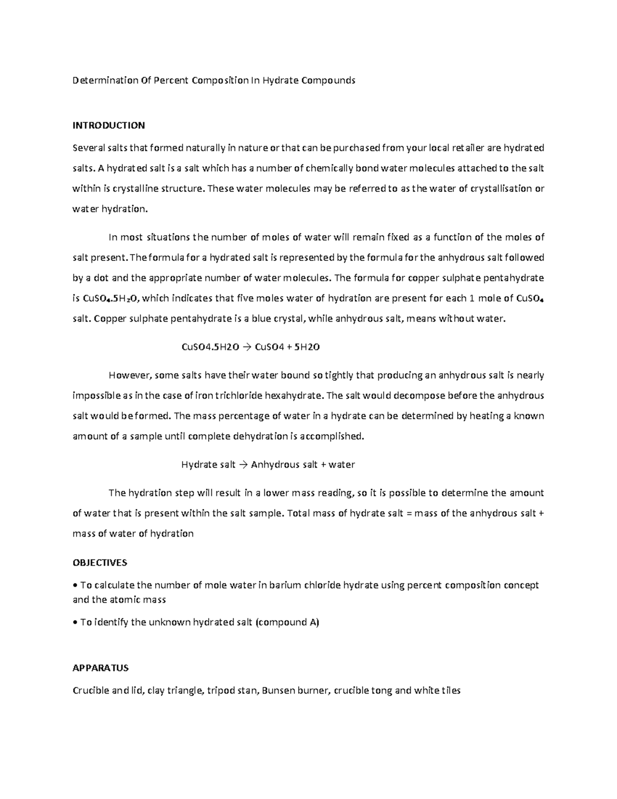 Determination Of Percent Composition In Hydrate Compounds ...