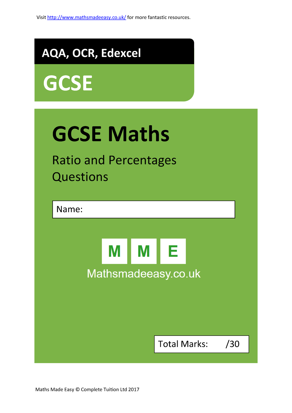 Gcse Maths Revision Ratio And Percentages Questions - Visit 