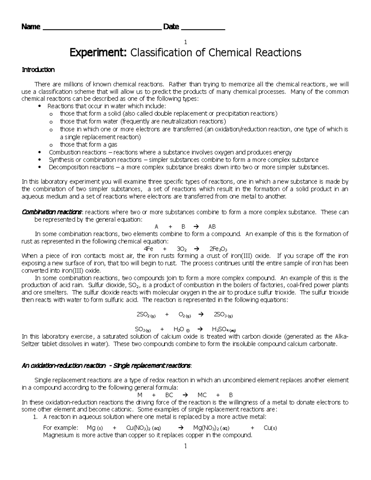 pre lab assignment for types of reactions