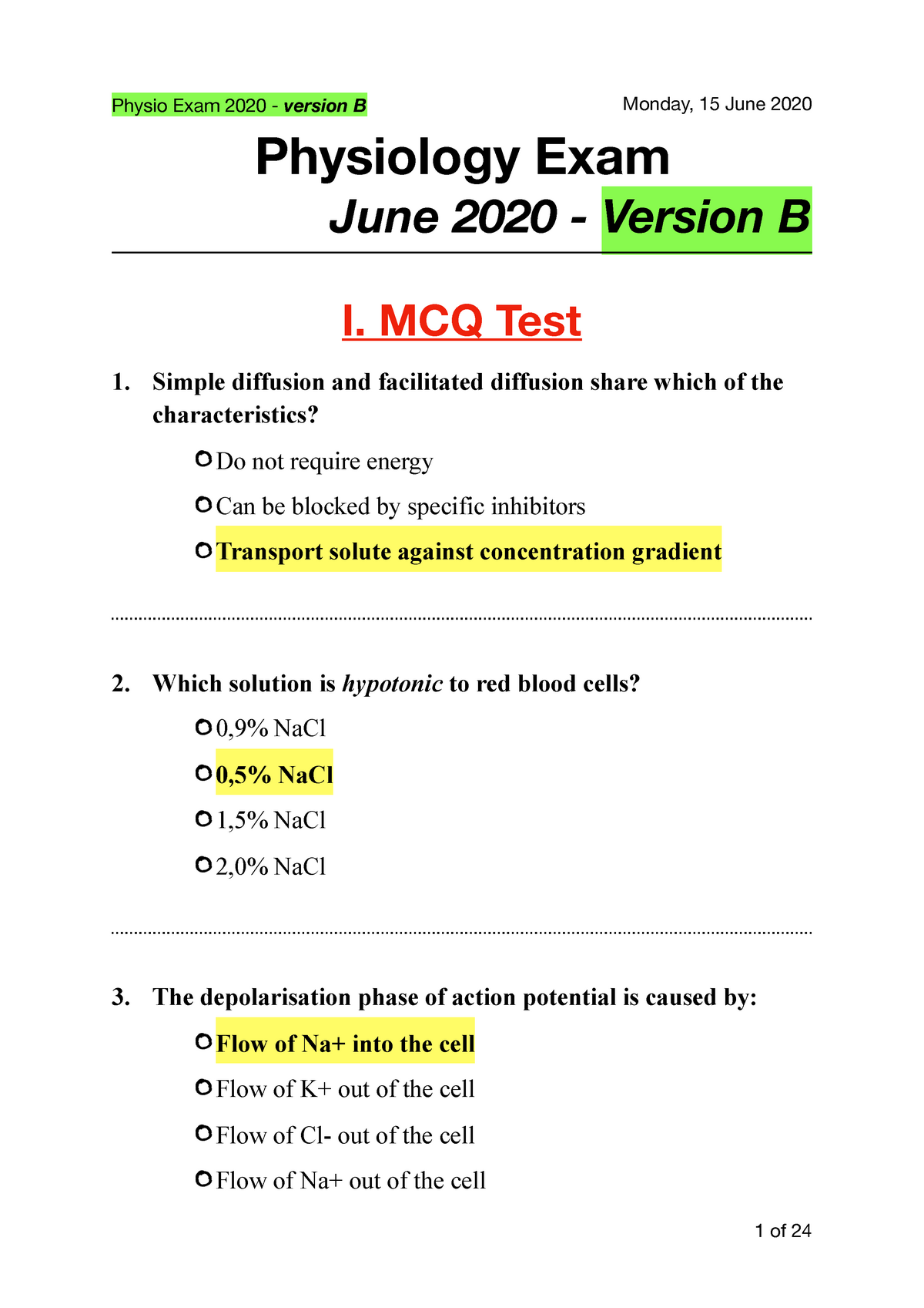 PHYSIOLOGY FINAL EXAM 2020 - version B - Physiology Exam June 2020 -  Version B I. MCQ Test 1. Simple - Sns-Brigh10