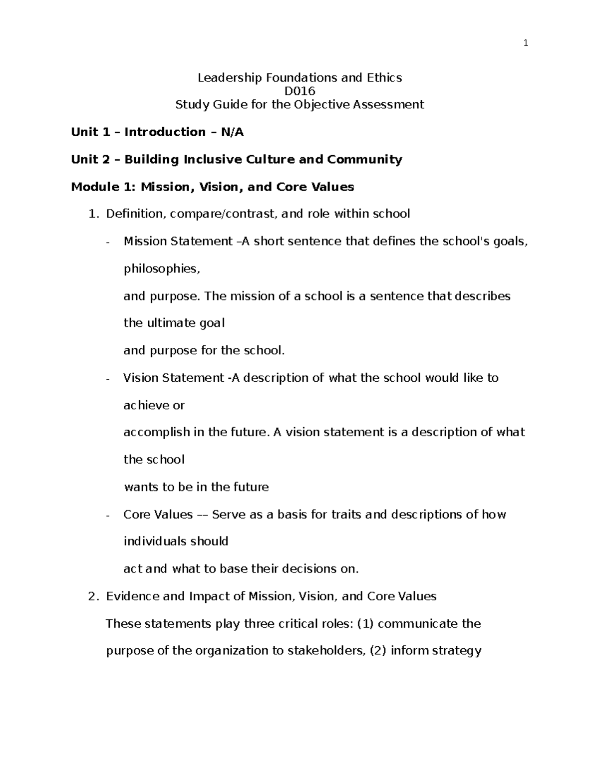 D016 - study guide - d016 - Leadership Foundations and Ethics D Study ...