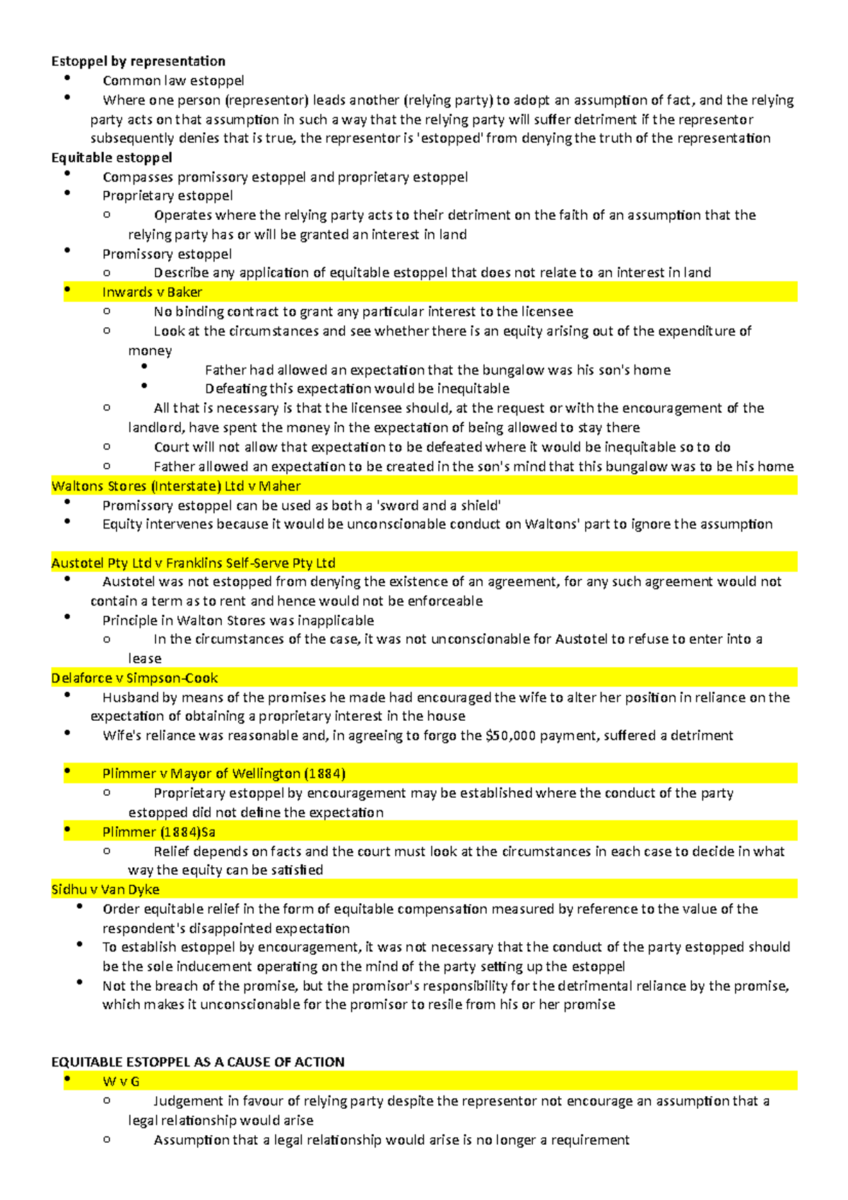 Exam Notes Estoppel - Estoppel by representation Common law estoppel ...