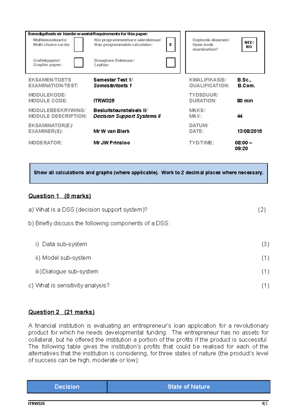 Semester Test+1 - Practice - Benodigdhede vir hierdie vraestel ...