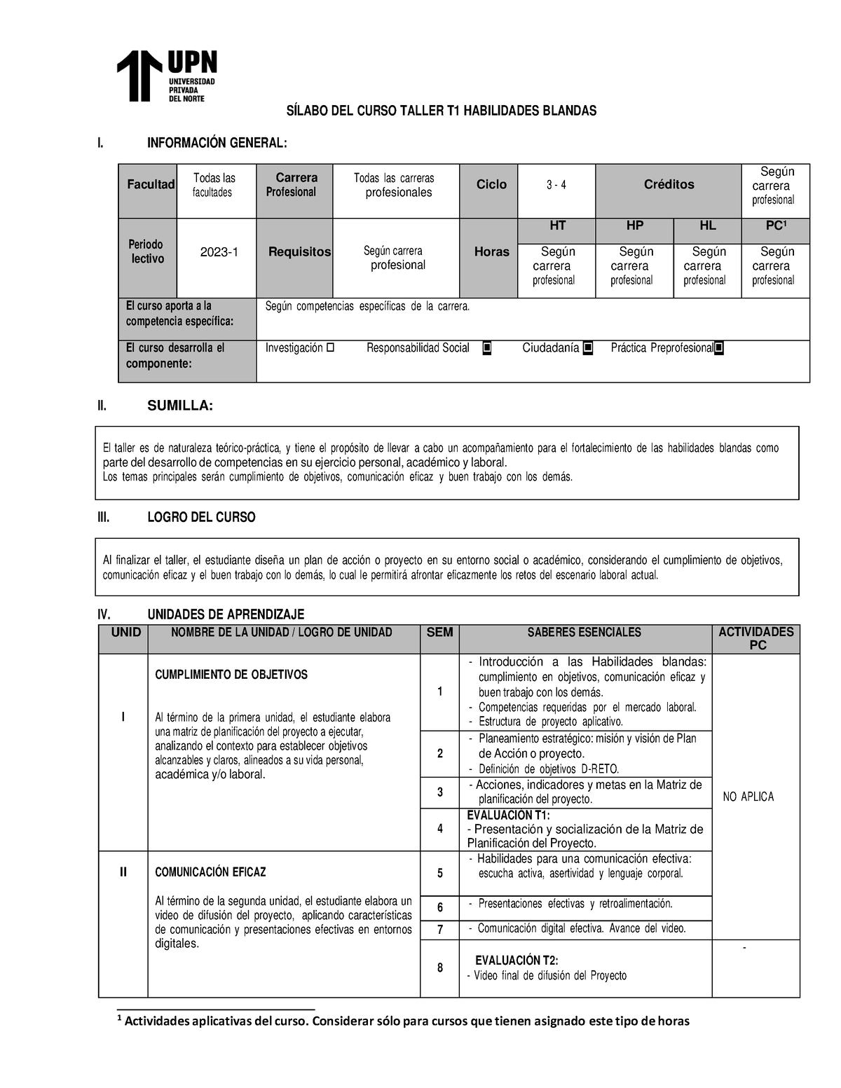 Sílabo THB1 - 2023-1 - SILABO DEL CURSO - SÍLABO DEL CURSO TALLER T1 ...