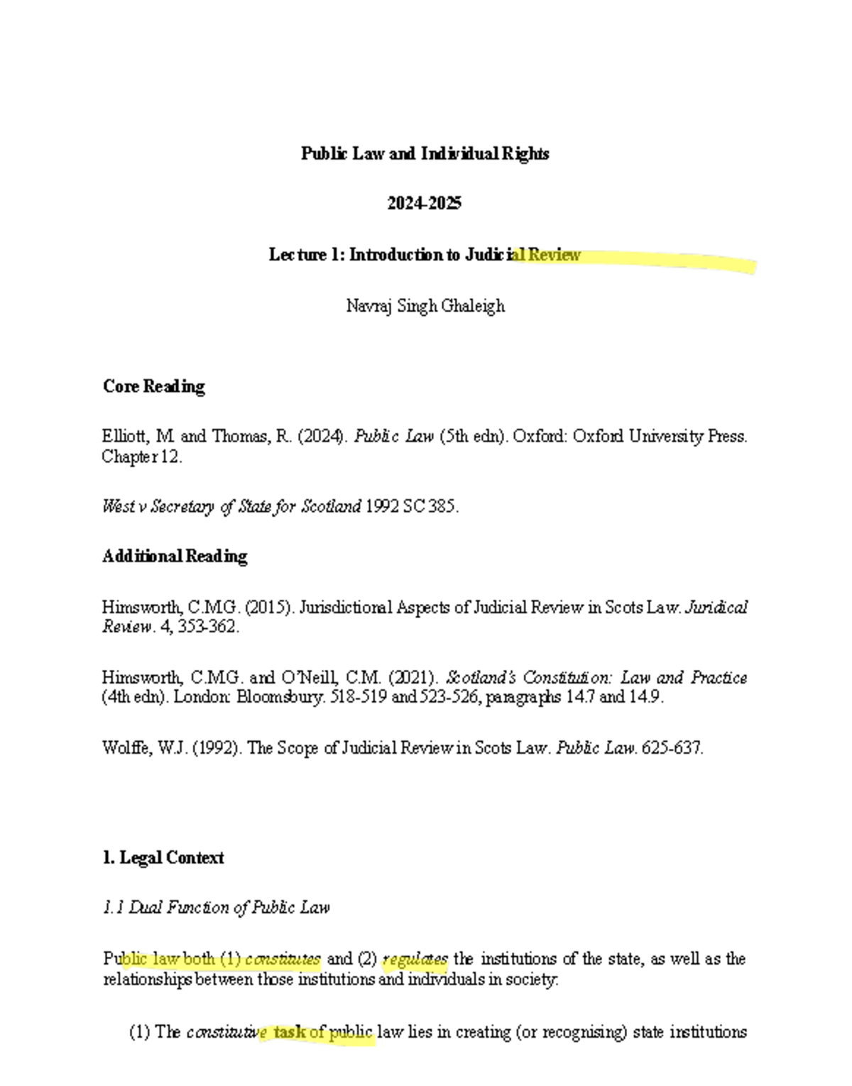 01 Lecture 1 handout 24-25 - Public Law and Individual Rights 2024 -202 ...