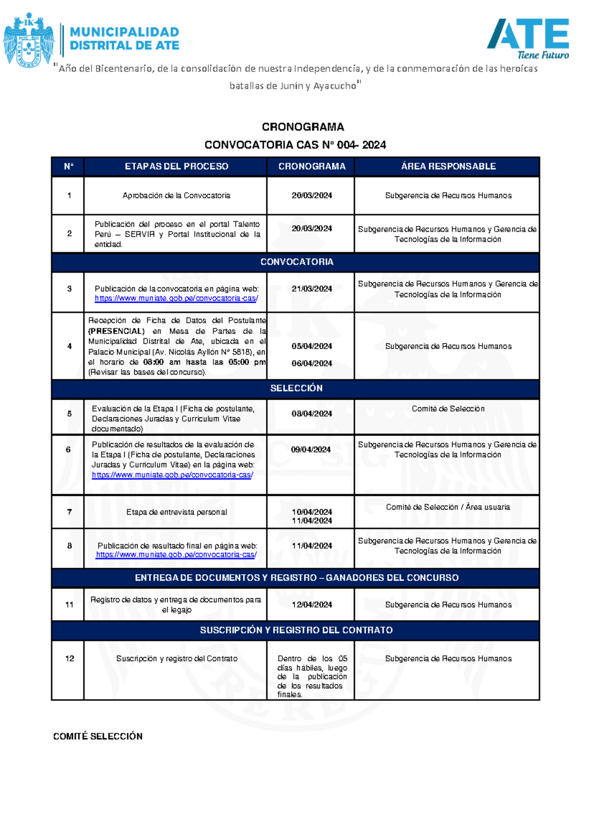 Cronograma Convocatoria CAS 004 2024 MDA "Año del Bicentenario, de la