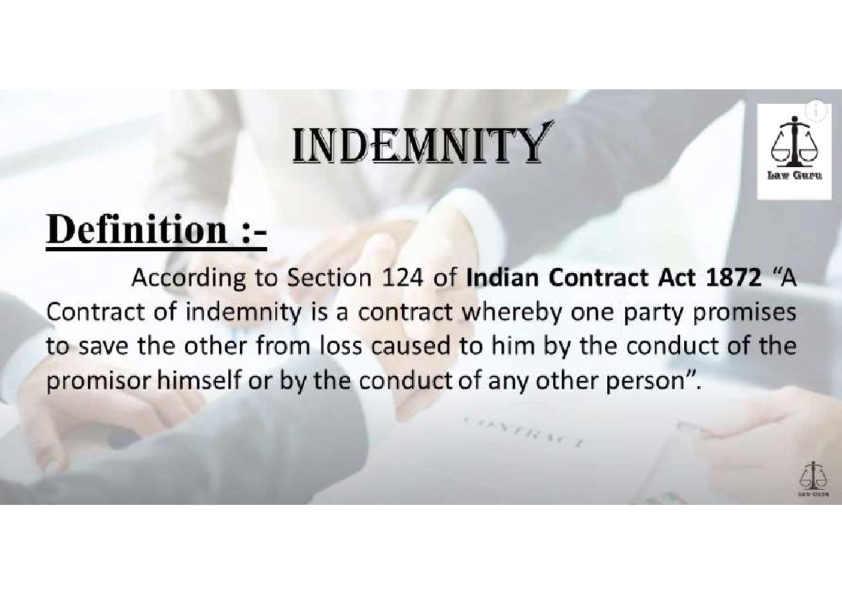 Contract of indemnity - Indemnifier One who promises to save harm. 2 ...