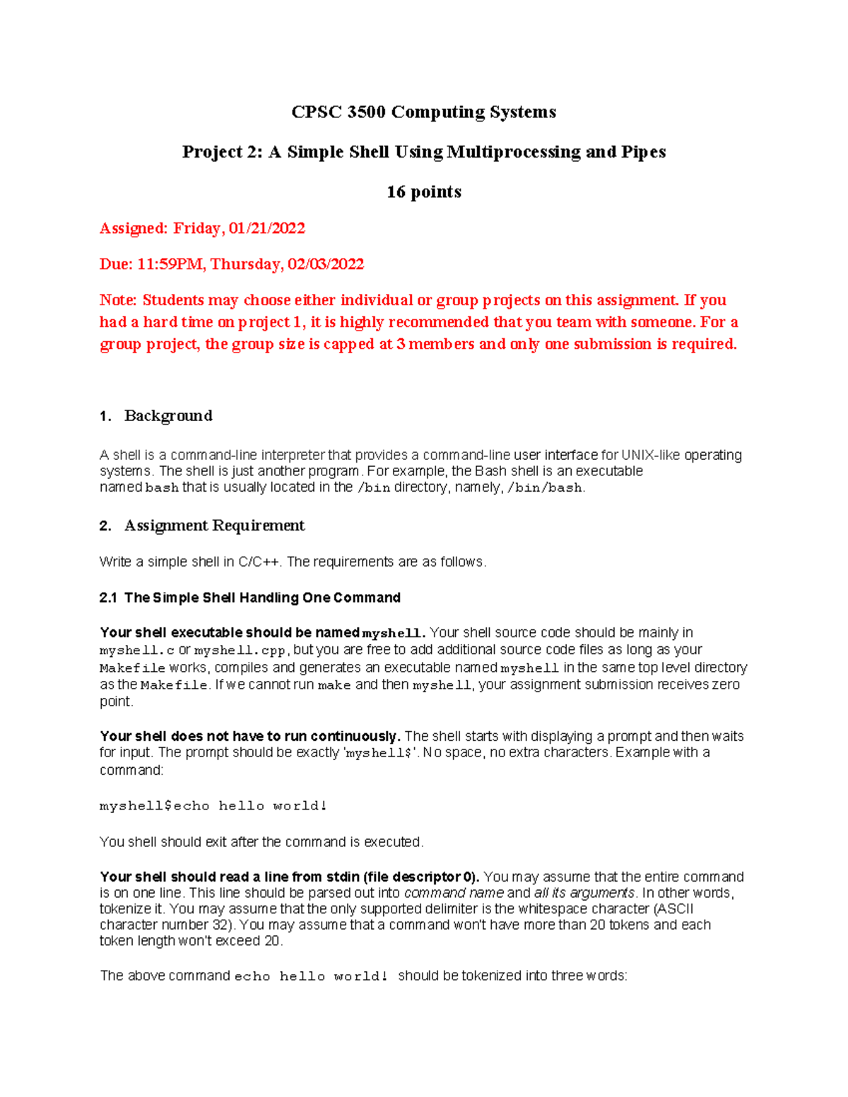 Project 2 shell - CPSC 3500 Computing Systems Project 2: A Simple Shell ...