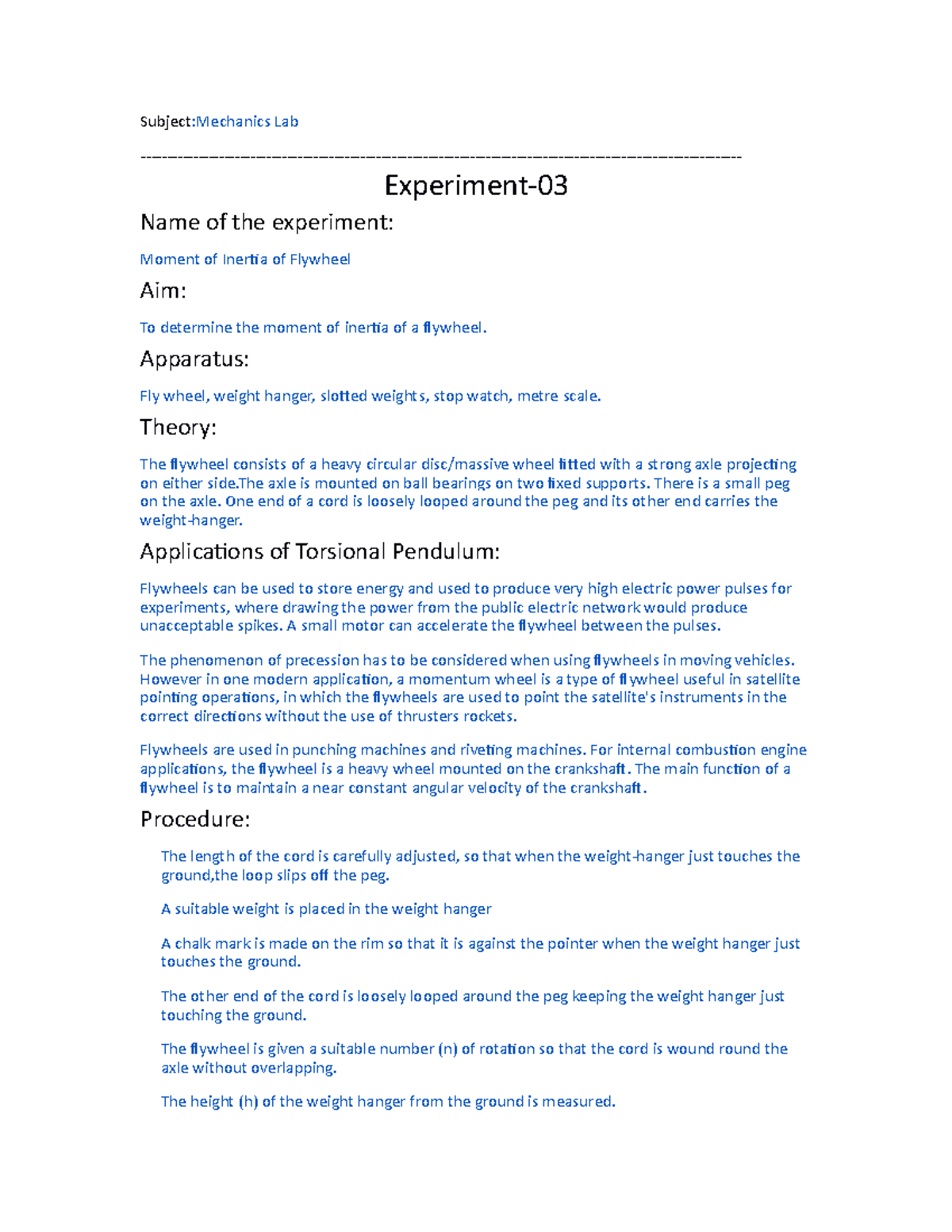 experiment on moment of inertia