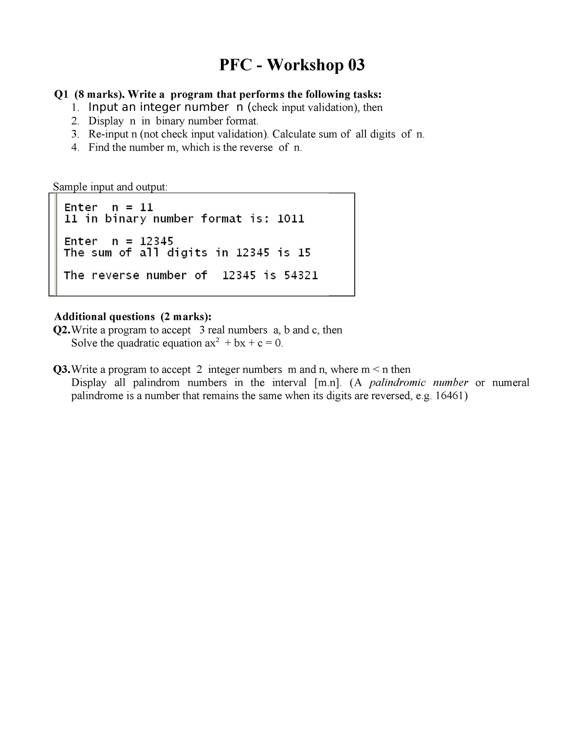 W02-2 - Workshop Prf192 - PFC - Workshop 03 Q1 (8 Marks). Write A ...