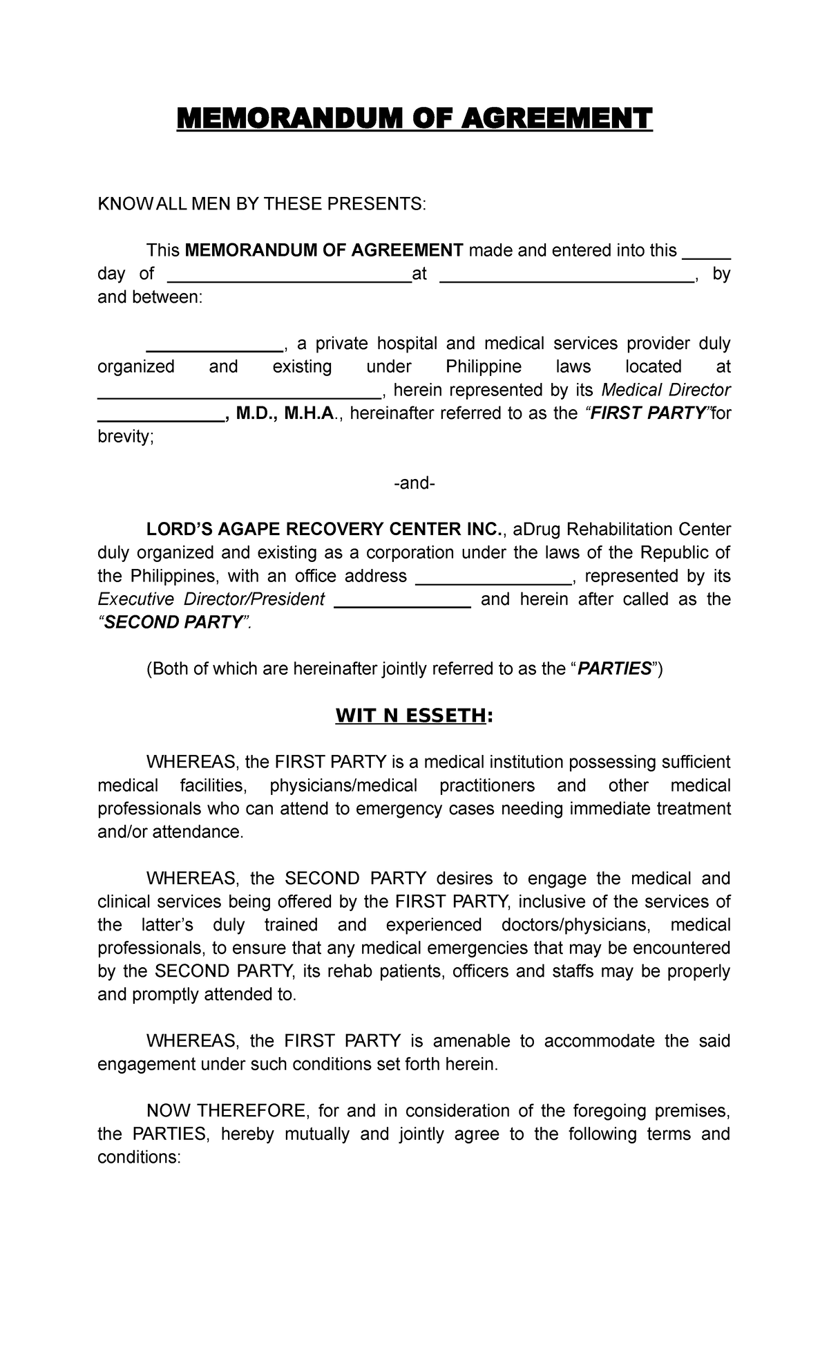 Memorandum Of Agreement Between Two Companies