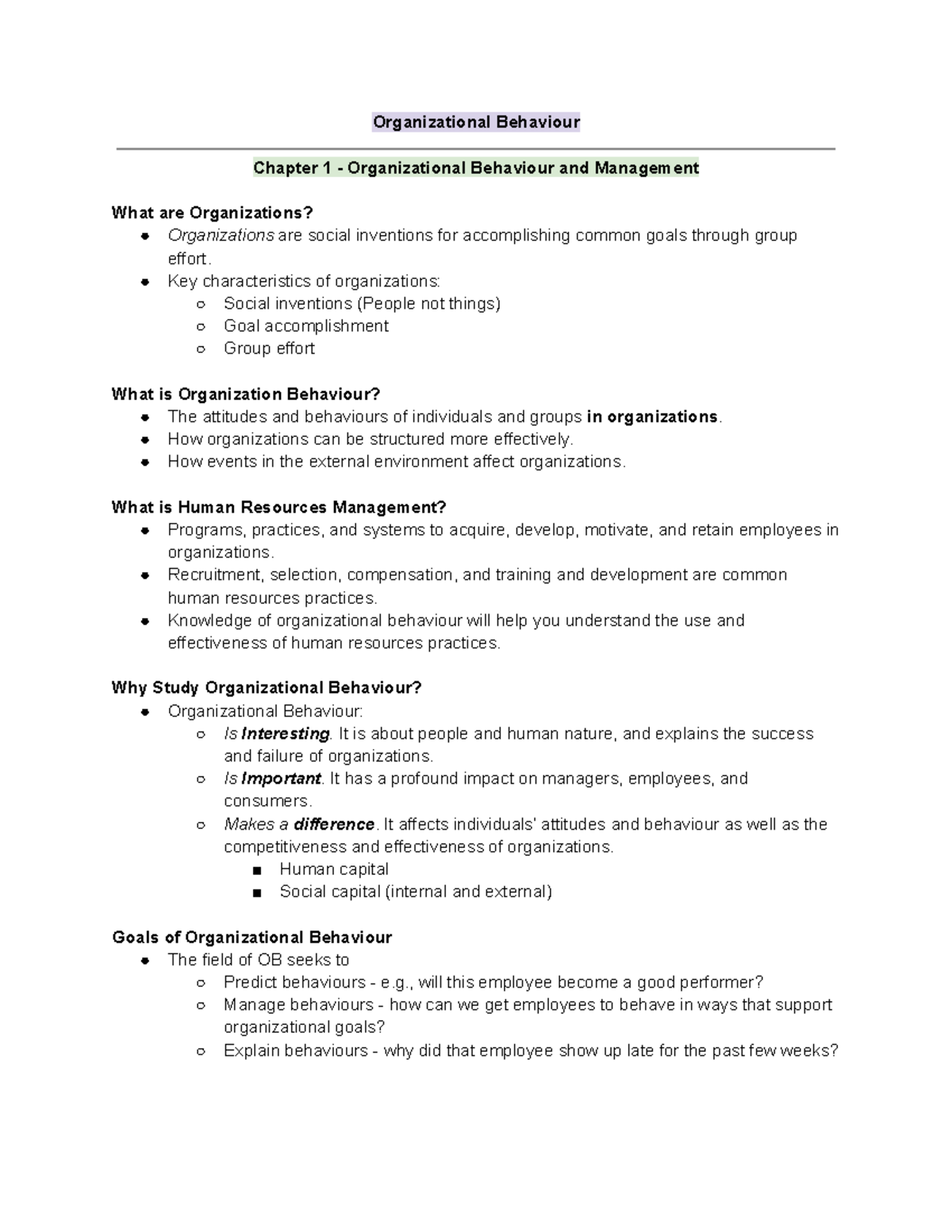 COMM 222 Notes - Organizational Behaviour Chapter 1 - Organizational ...