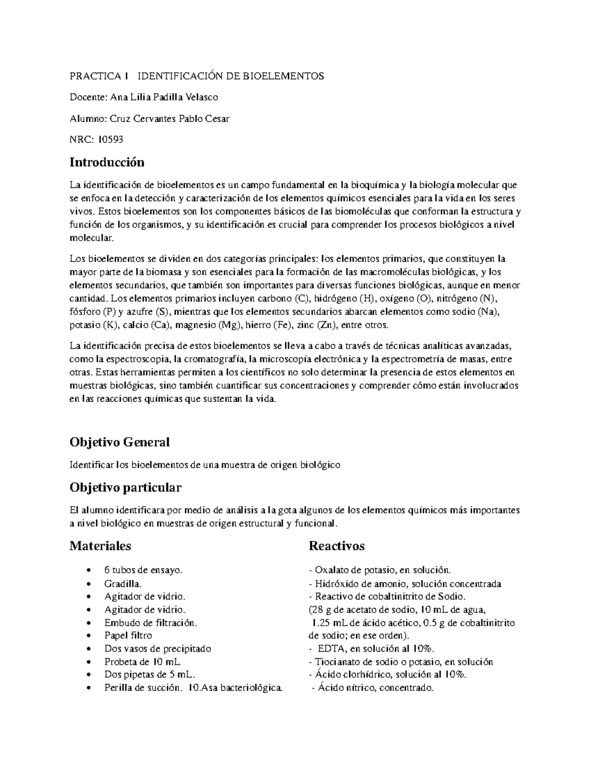 Practica 1 Identificación de Bioelementos - PRACTICA 1 IDENTIFICACIÓN ...
