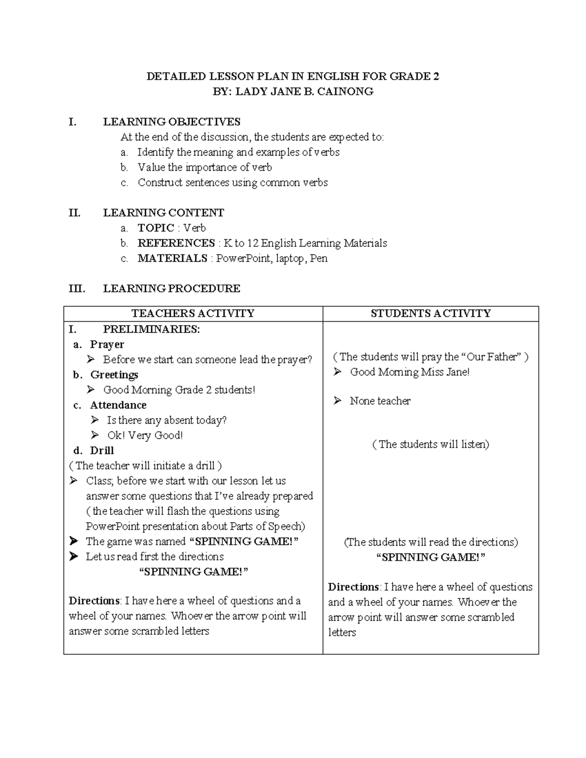 494123900 4As Detailed Lesson PLAN Cainonglj - DETAILED LESSON PLAN IN ...