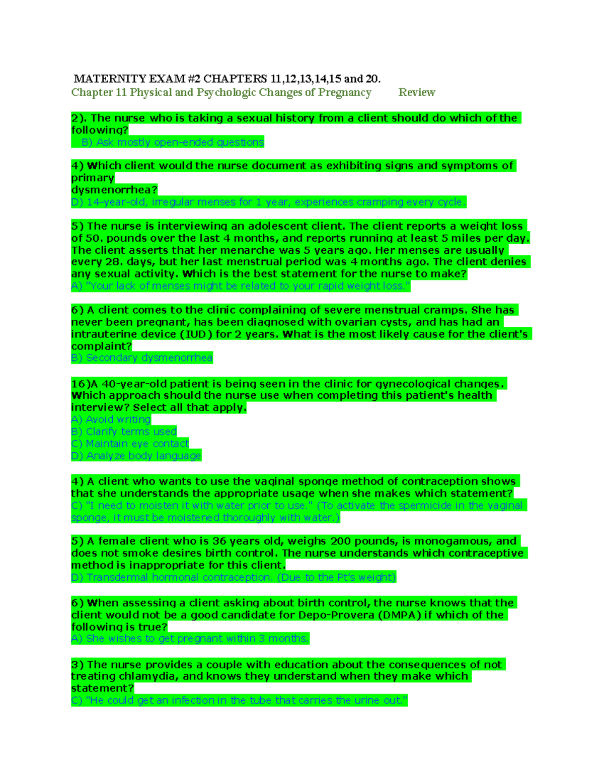 Maternity Exam 2 MATERNITY EXAM 2 CHAPTERS 11,12,13,14,15 and 20