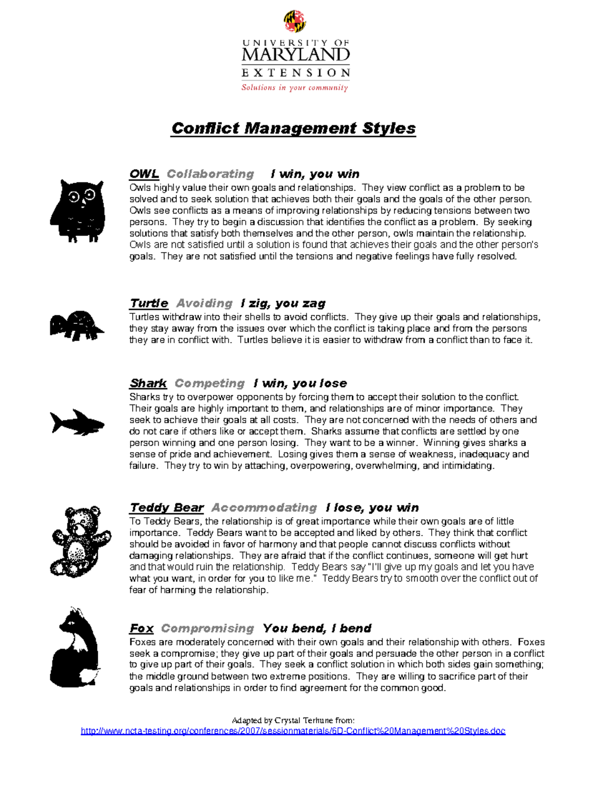 Conflict Management Styles Quiz - Conflict Management Styles Adapted by ...