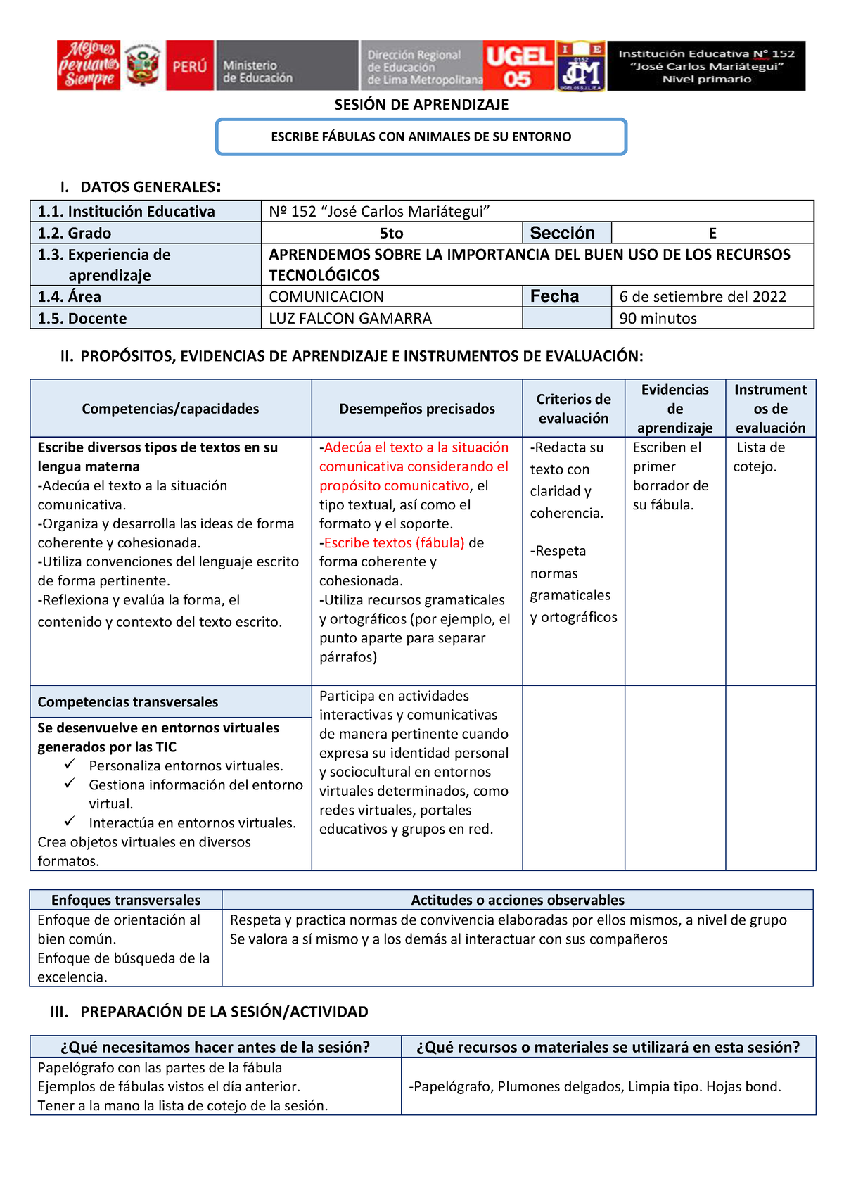 6 De Setiembre Comunicacion - SESI”N DE APRENDIZAJE I. DATOS GENERALES ...