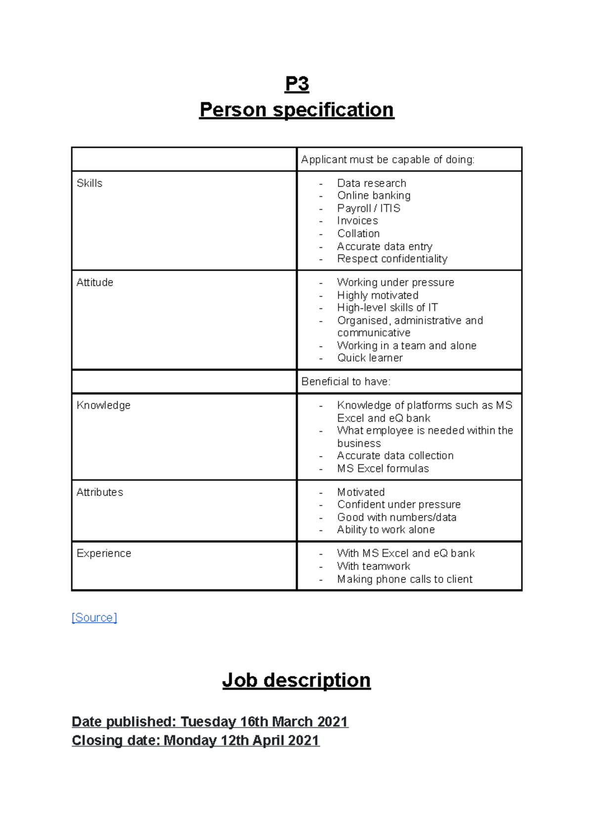 Final assignment for business management - P Person specification ...