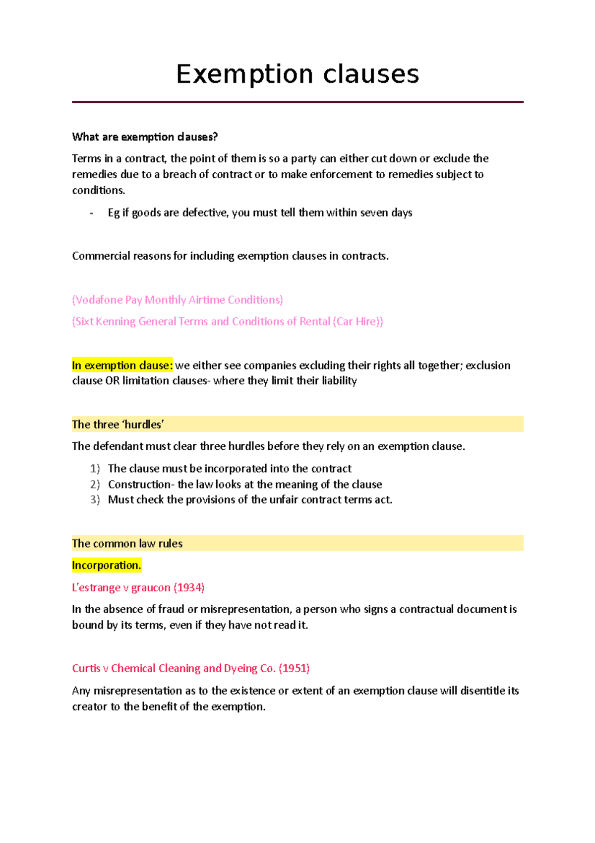 law case study exemption clause