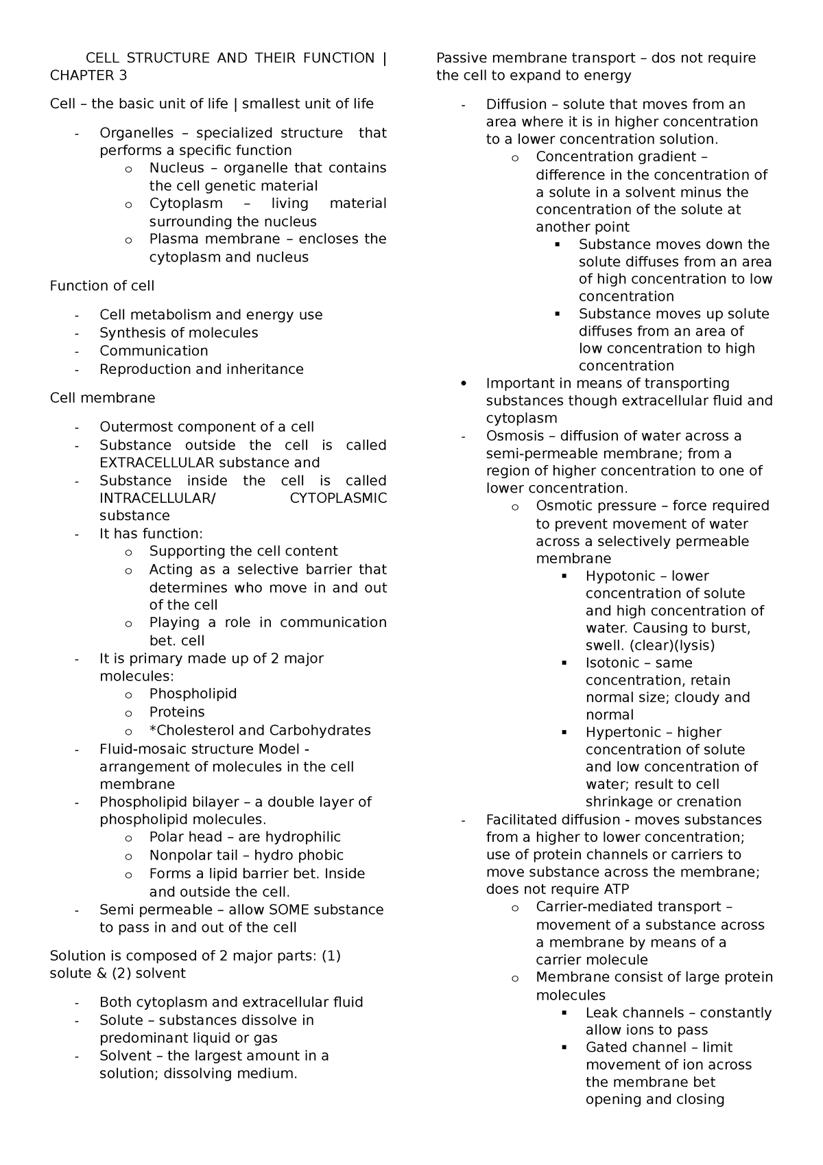 Anatomy and Physiology Transes 2 - CELL STRUCTURE AND THEIR FUNCTION ...