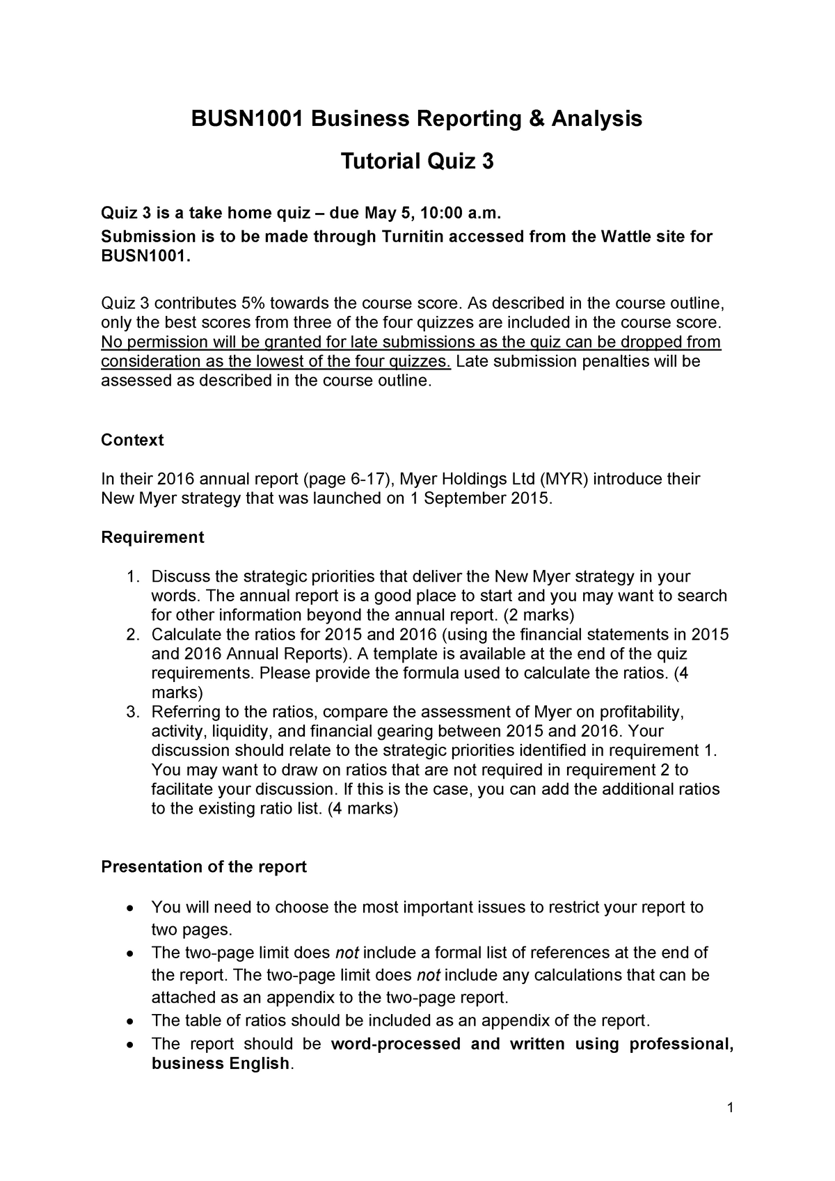 Tutorial Quiz 3 - Business Reporting And Analysis - BUSN1001 Business Reporting Analysis ...