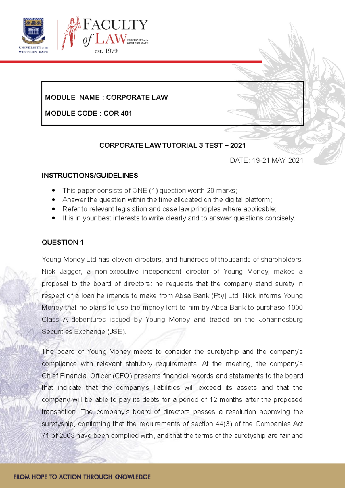 CORPORATE LAW 401 Tutorial TEST 3 2021 - MODULE NAME : CORPORATE LAW ...