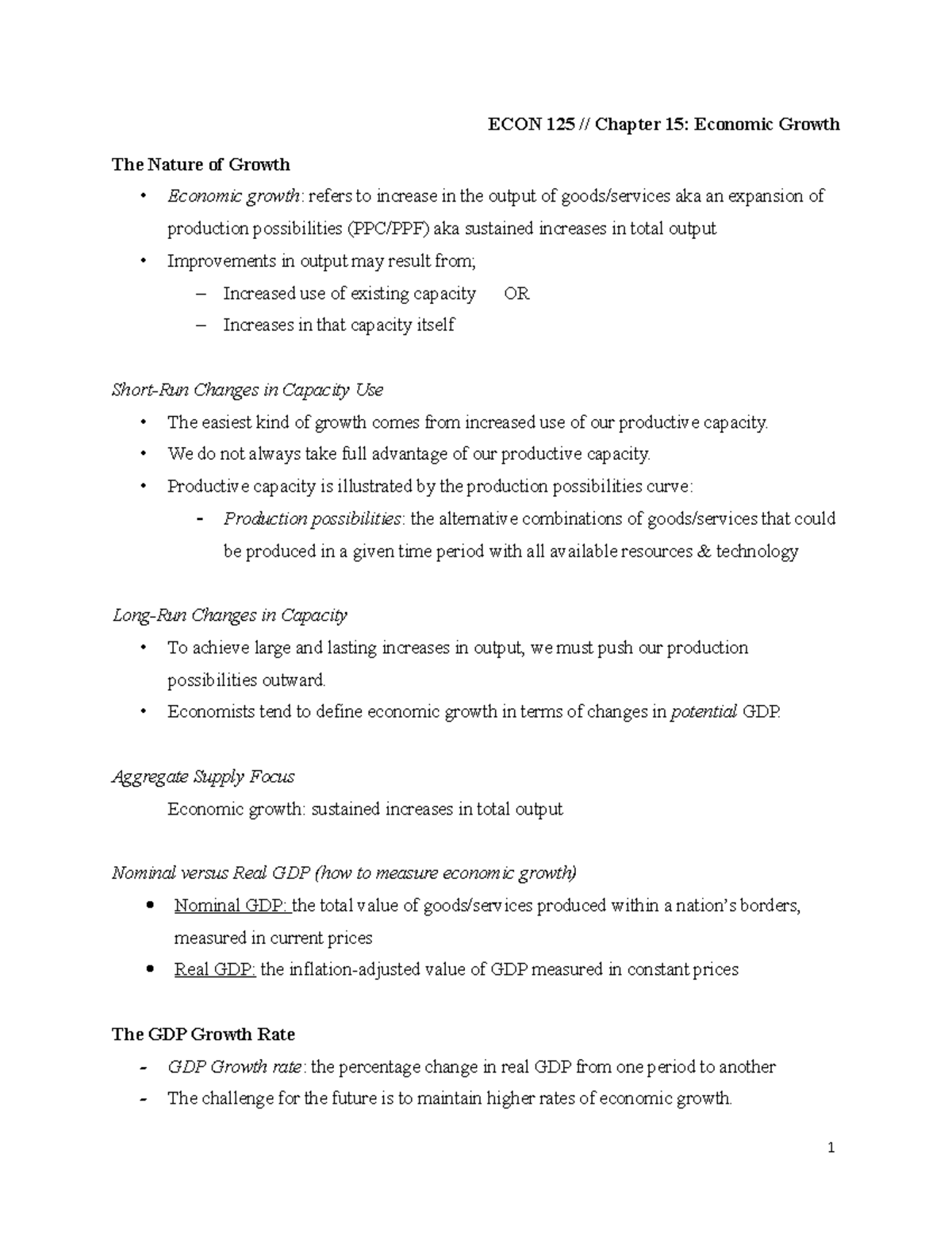 Ch 15- Lecture Notes - ECON 125 // Chapter 15: Economic Growth The ...