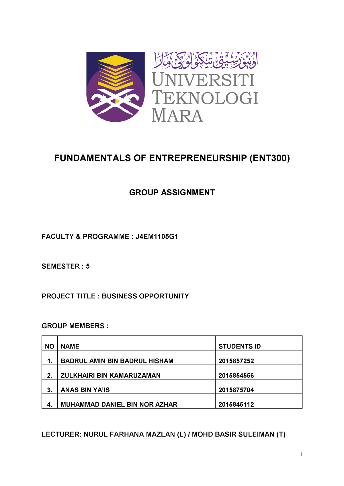 contoh assignment ent300 business opportunity