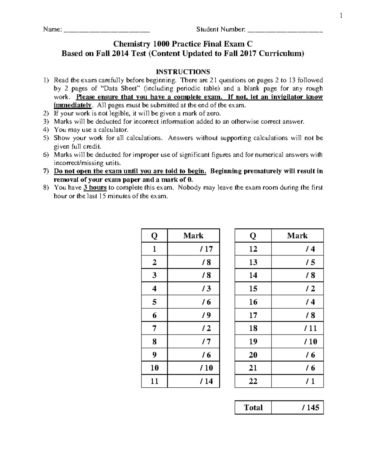 Chem 1000 practice final c - fall 2014 - answers - Name ...