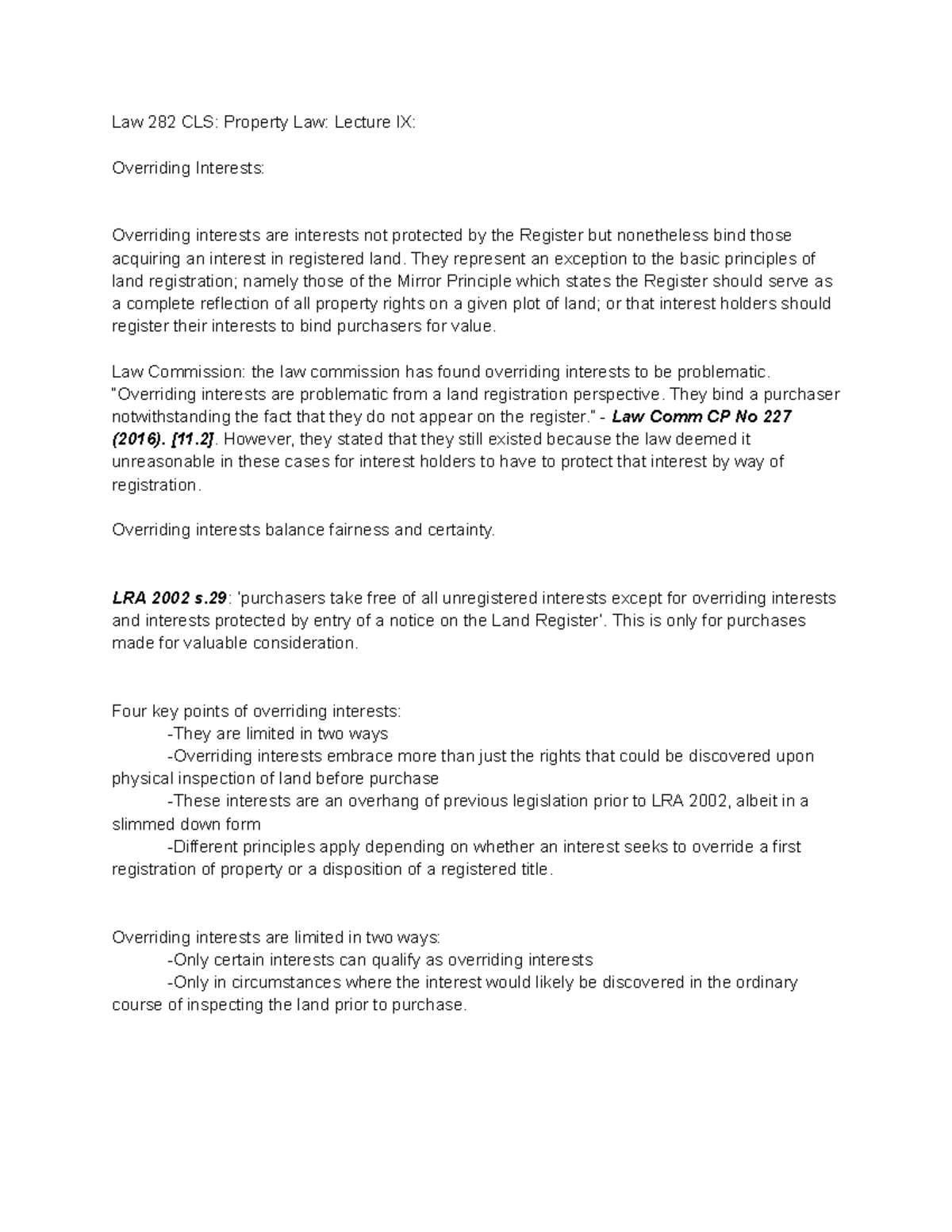 Lecture 9 - Overriding Interests - Law 282 CLS: Property Law: Lecture ...