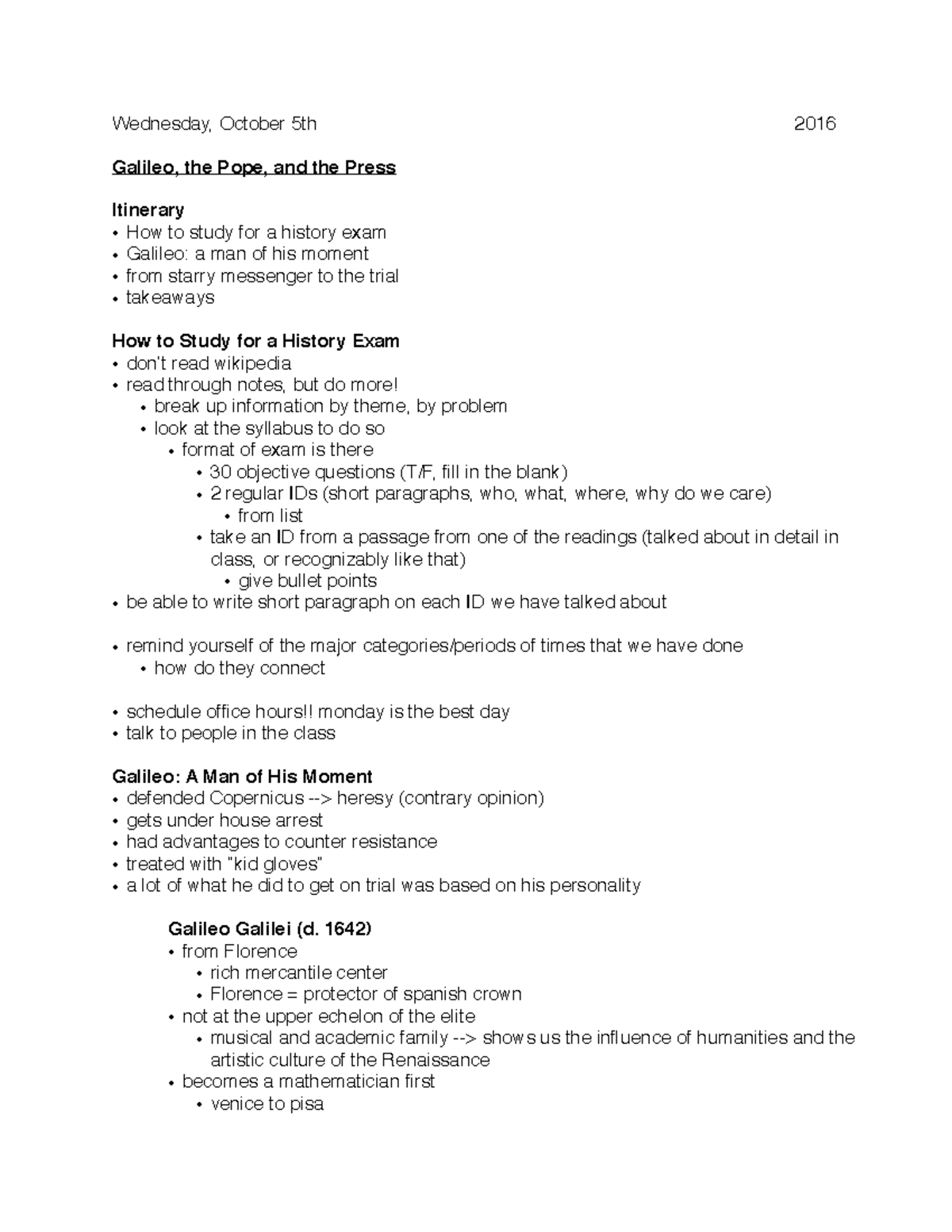 Class Notes 10 5 16 Wednesday October 5th 16 Galileo The Pope And The Press Itinerary How To Study For History Exam Galileo Man Of His Moment From Starry Studocu