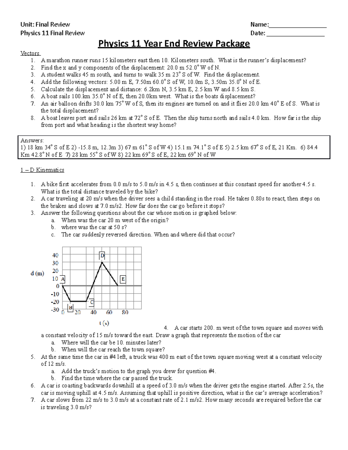 Exam Review prep - Physics 11 Final Review Date ...