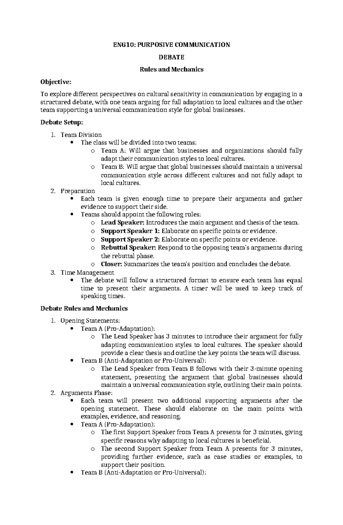 ENG10 Debate Rules & Mechanics - ENG10: PURPOSIVE COMMUNICATION DEBATE ...