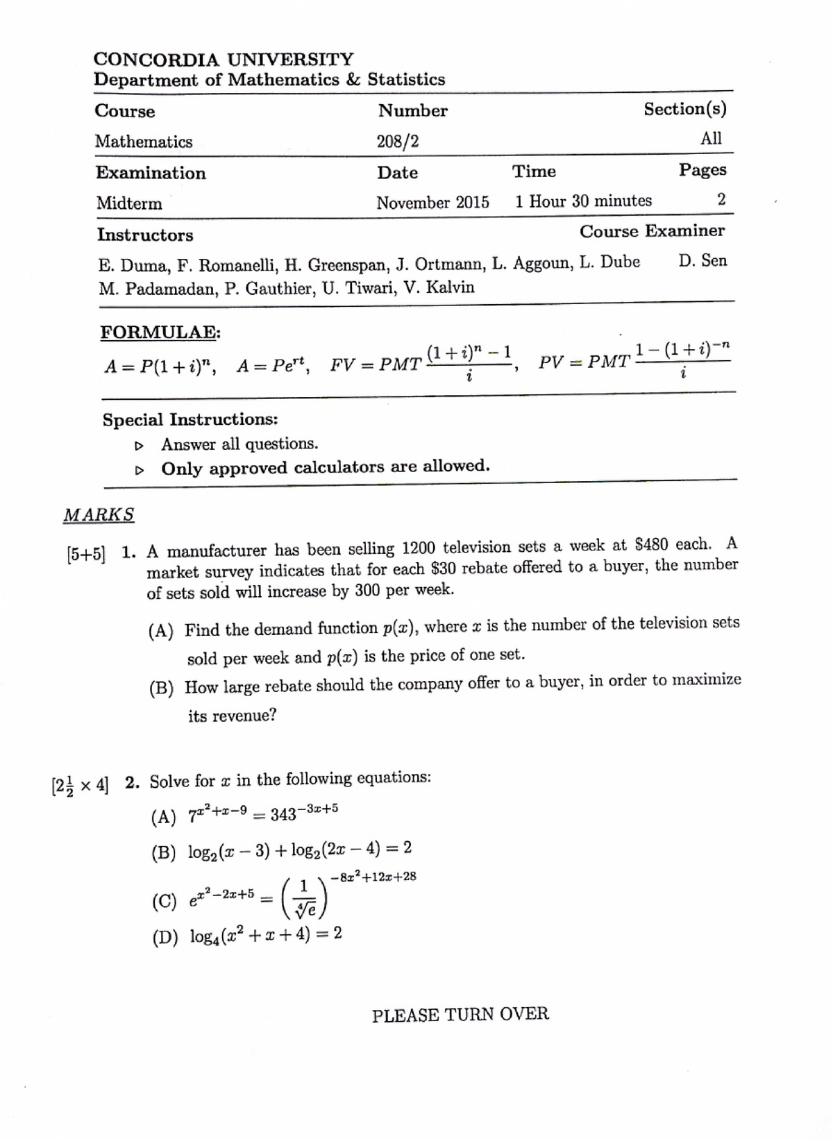 MATH 208 - Mid-Term November 2015 - COMM 217 - Studocu