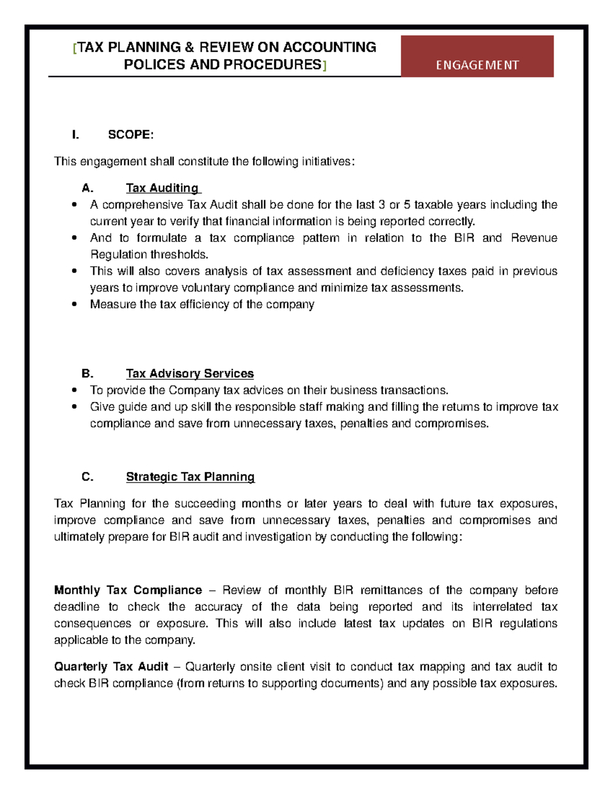 Chemlux engagement - PROCEDURES - [TAX PLANNING & REVIEW ON ACCOUNTING ...