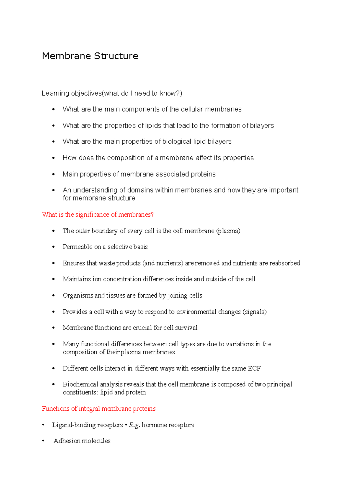 Membrane Structure Notes - Membrane Structure Learning Objectives(what ...