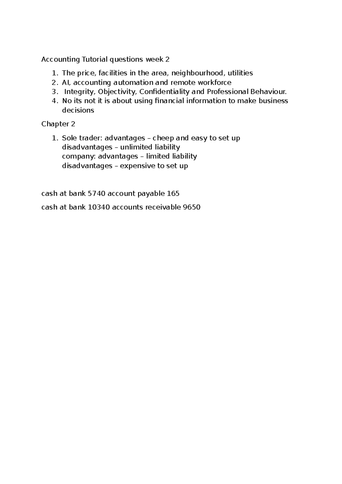 Tutorial questions week 2 - The price, facilities in the area ...