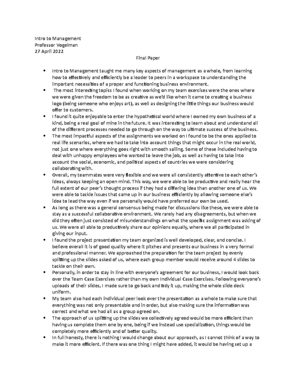 Intro to Management Final Paper - Intro to Management Professor ...