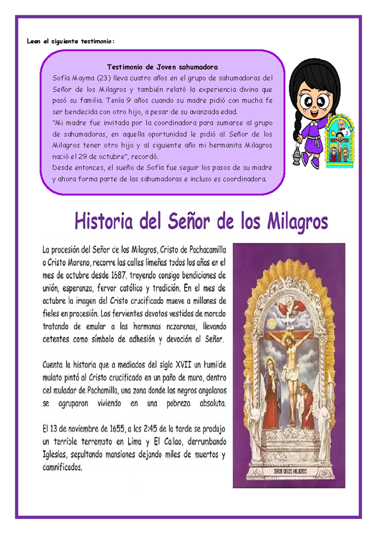 Ficha- Reflexionamos CON LA Historia DEL Señor DE LOS Milagros - Leen ...