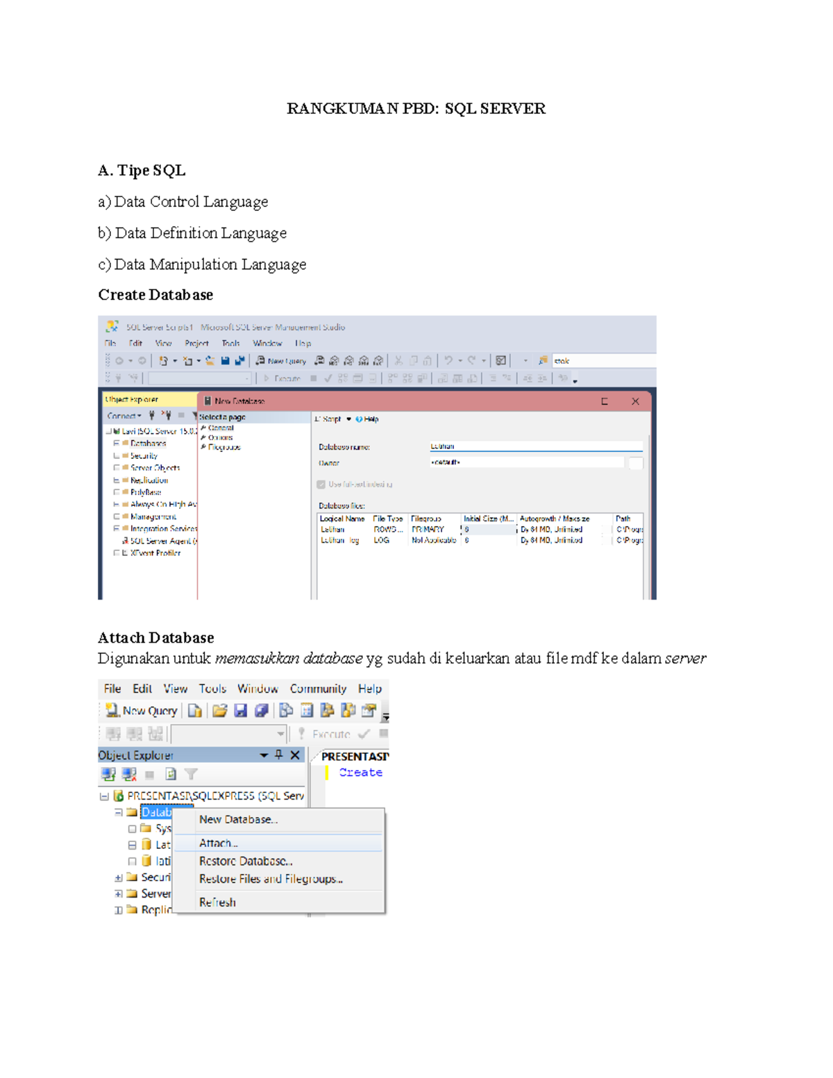 Rangkuman PBD SQL Server - RANGKUMAN PBD: SQL SERVER A. Tipe SQL A ...