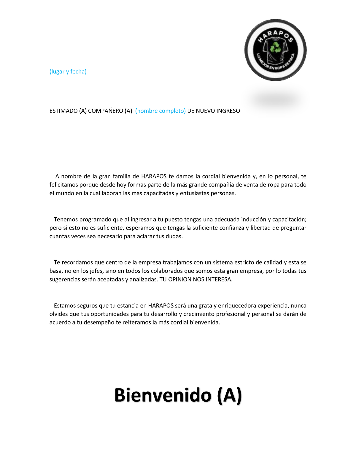 Carta De Bienvenida Lugar Y Fecha Estimado A Compa—ero A Nombre Completo De Nuevo 3638