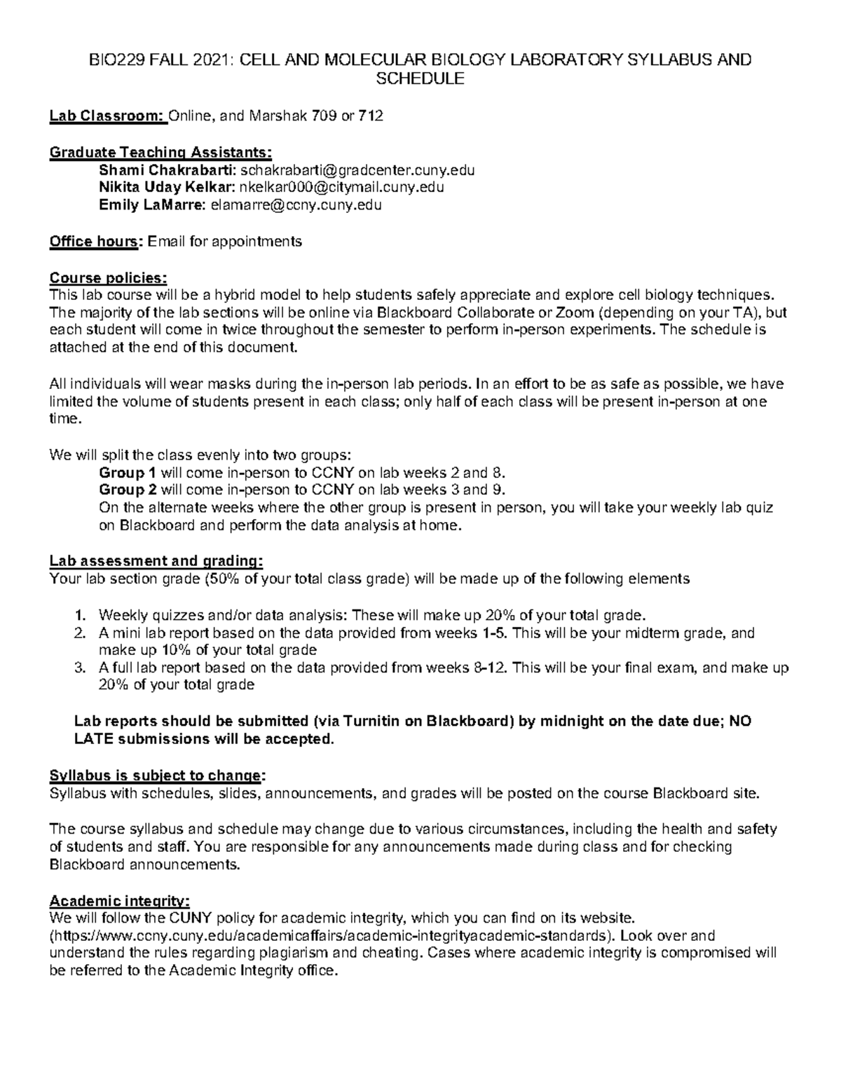Fall 2021 lab syllabus BIO229 FALL 2021 CELL AND MOLECULAR BIOLOGY