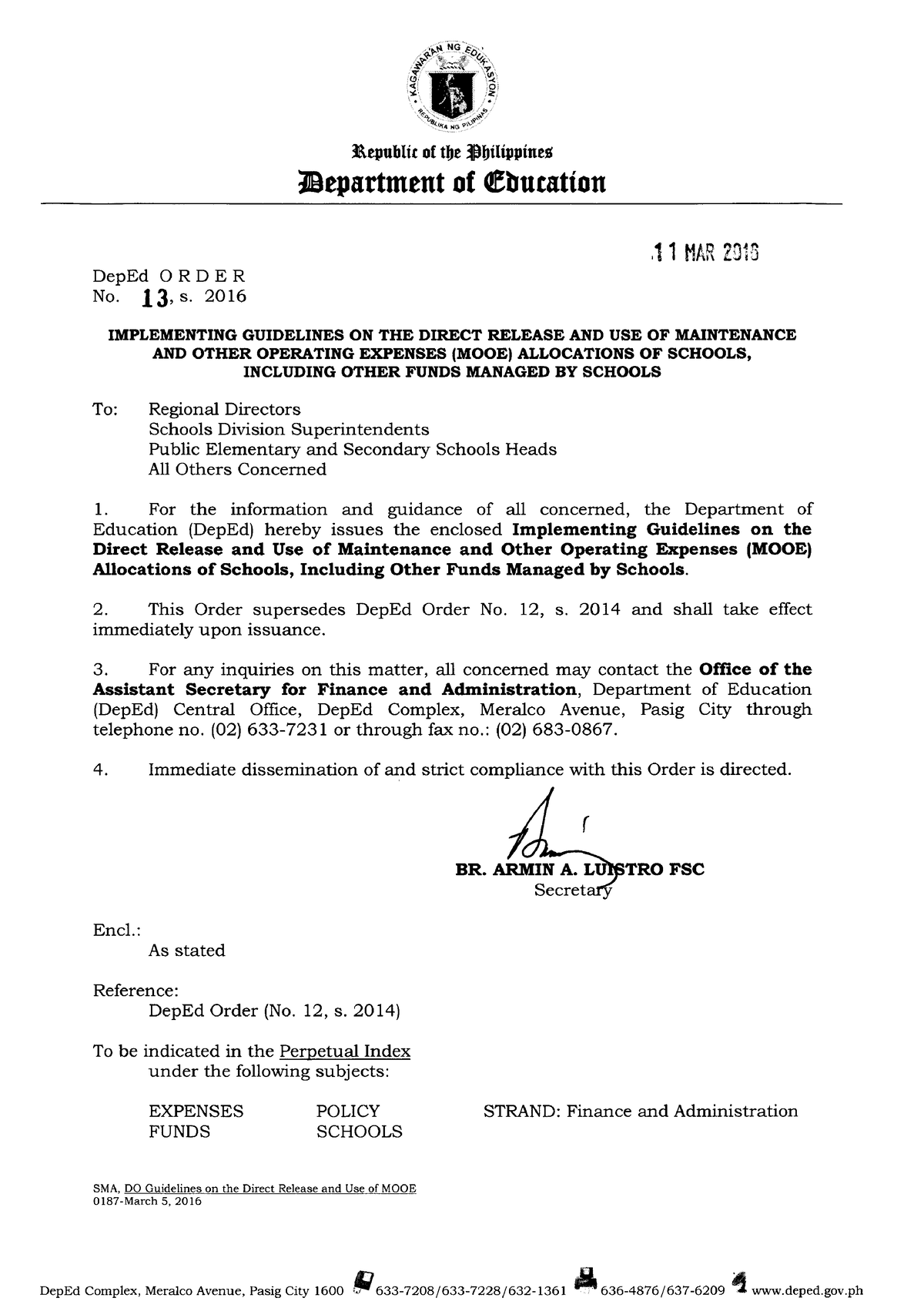 DO s2016 13 MOOE - deped order - Master of Arts in Education - Studocu